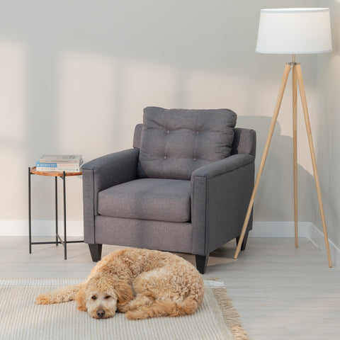 A grey accent chair with clean modern lines and a tufted rectangular  bag sits in a generic living room. In for of the chair A golden doodle dog laying on a comfy looking rug peaks open one eye.